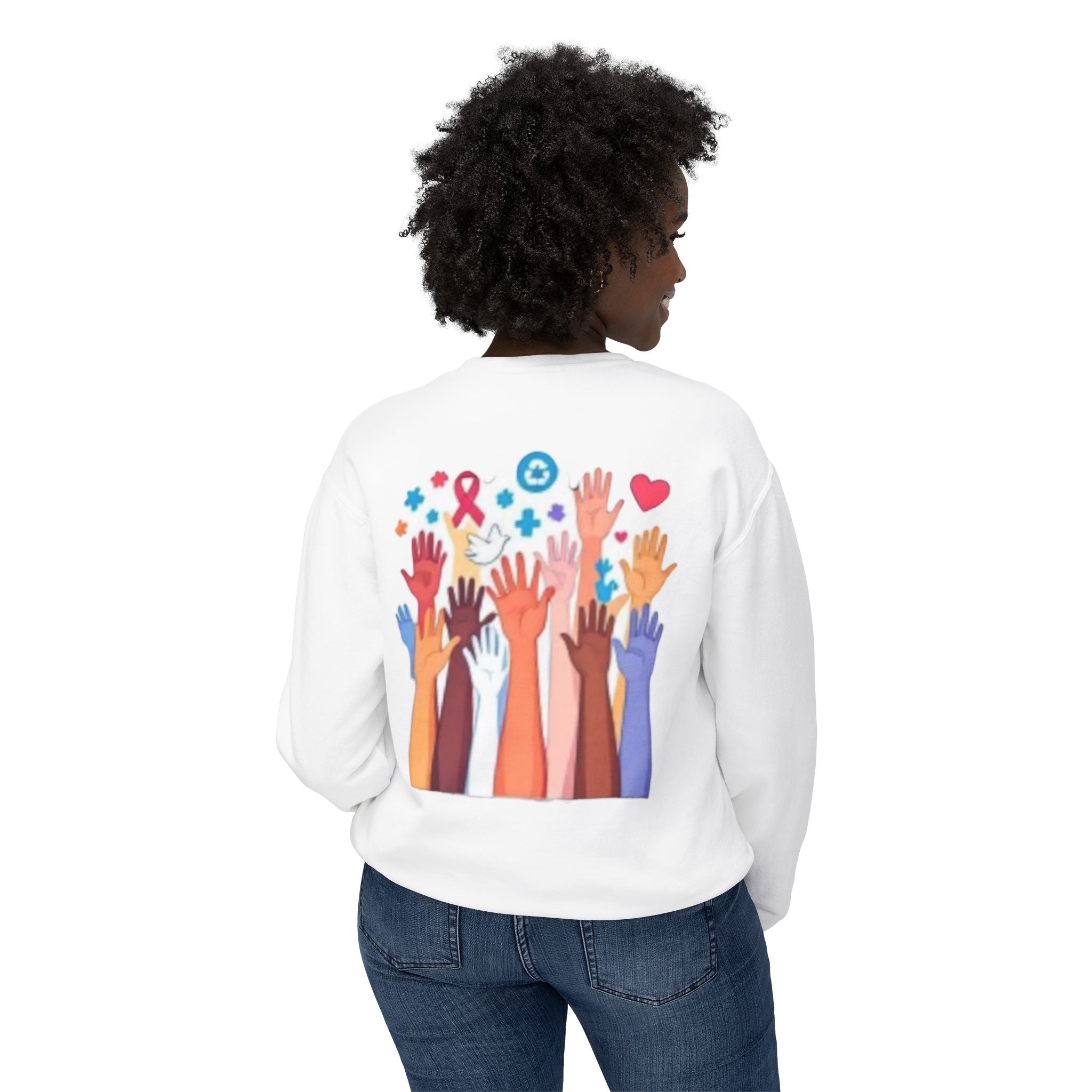 Hope and Change Crewneck Sweatshirt — Diverse Raised Hands Illustration, Unity & Support Graphic Pullover