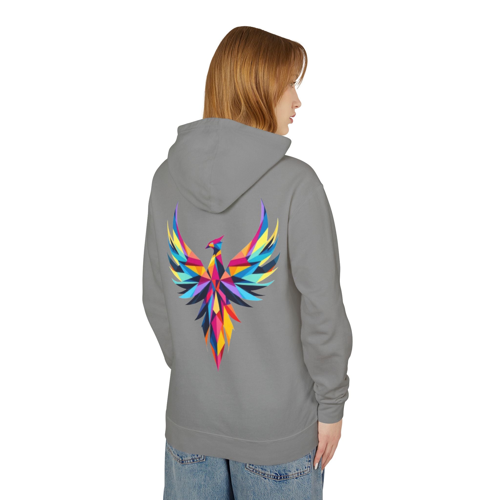 Phoenix Graphic Hoodie — Colorful Geometric Phoenix Back Print