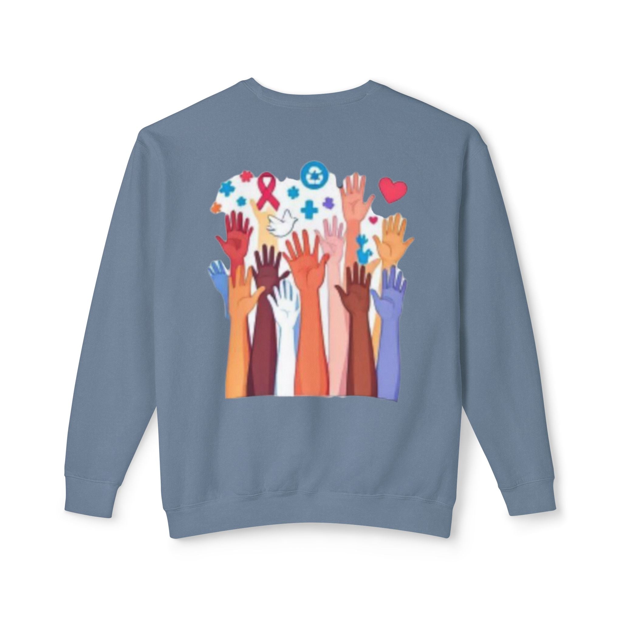 Hope and Change Crewneck Sweatshirt — Diverse Raised Hands Illustration, Unity & Support Graphic Pullover