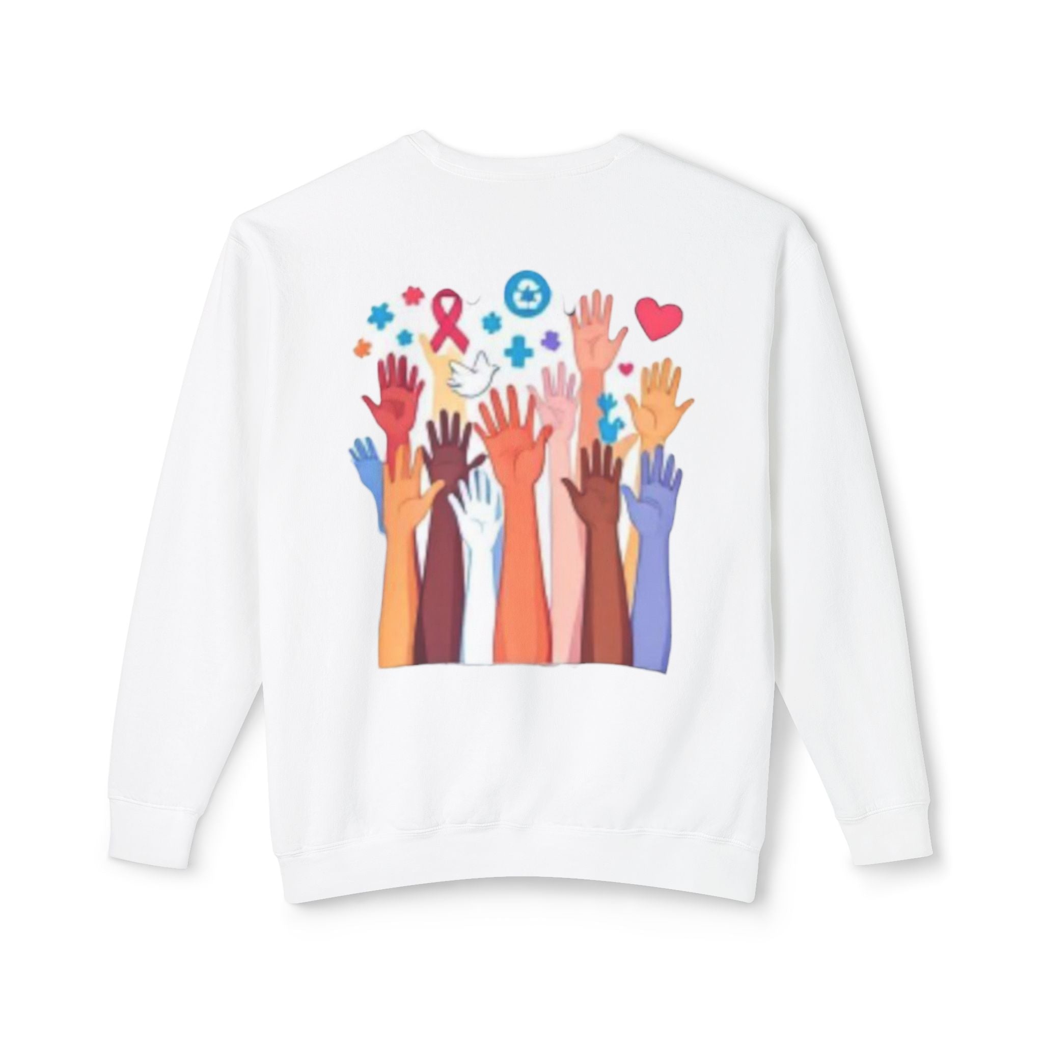 Hope and Change Crewneck Sweatshirt — Diverse Raised Hands Illustration, Unity & Support Graphic Pullover