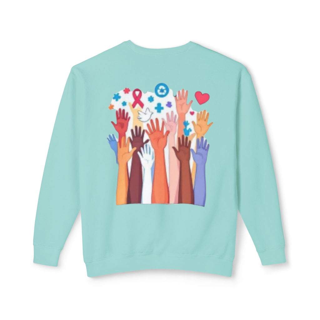 Hope and Change Crewneck Sweatshirt — Diverse Raised Hands Illustration, Unity & Support Graphic Pullover
