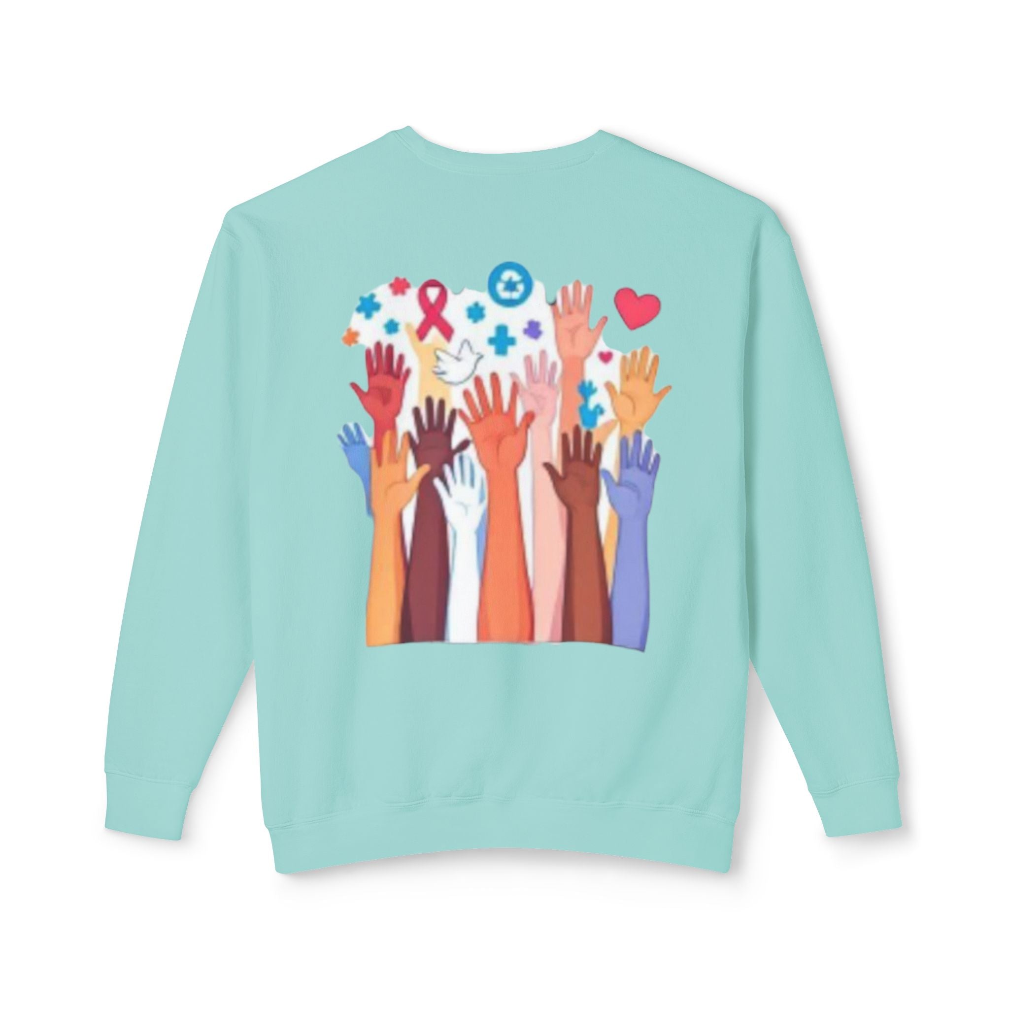 Hope and Change Crewneck Sweatshirt — Diverse Raised Hands Illustration, Unity & Support Graphic Pullover