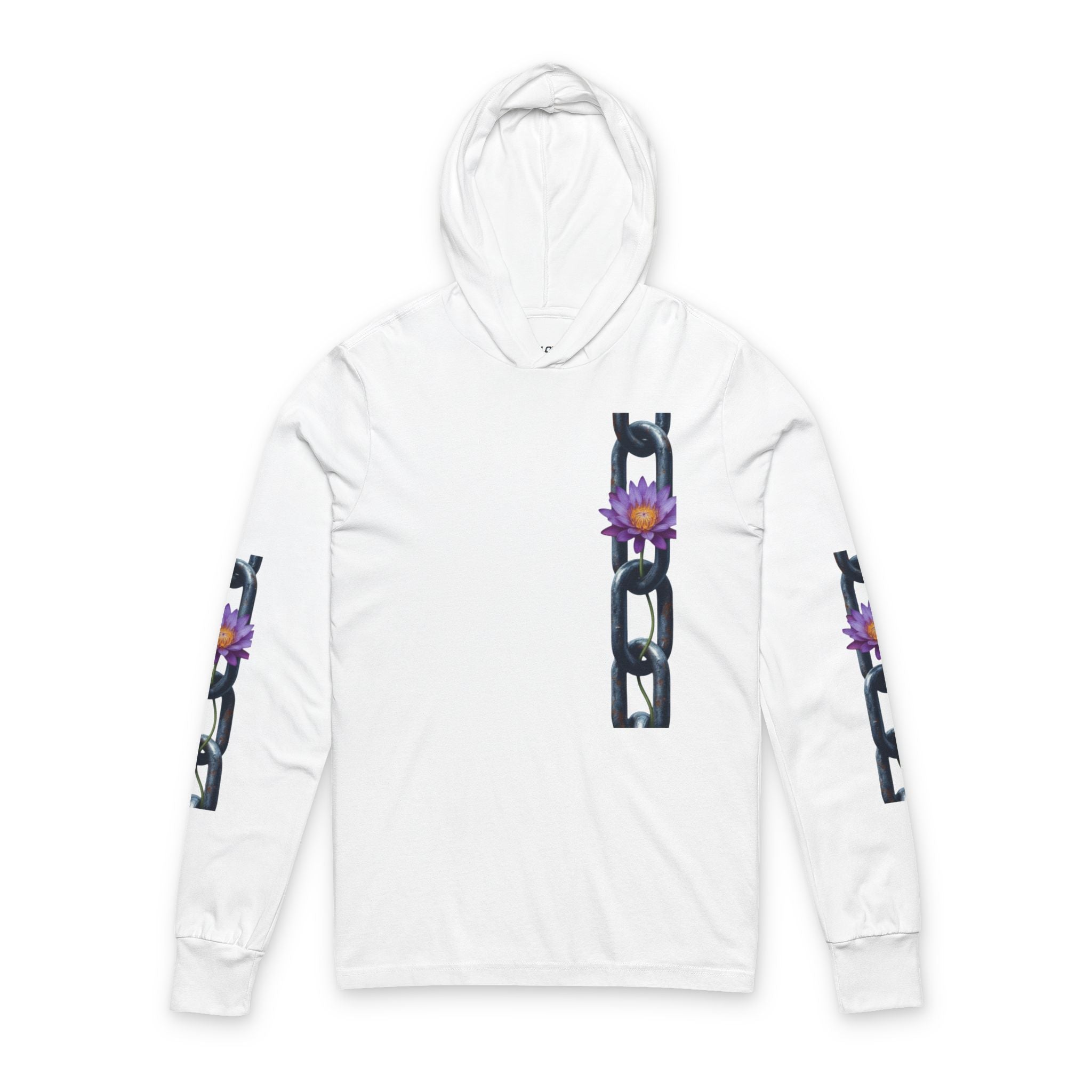 Chain & Lotus Hooded Long Sleeve Tee — Minimal Floral Chain Graphic