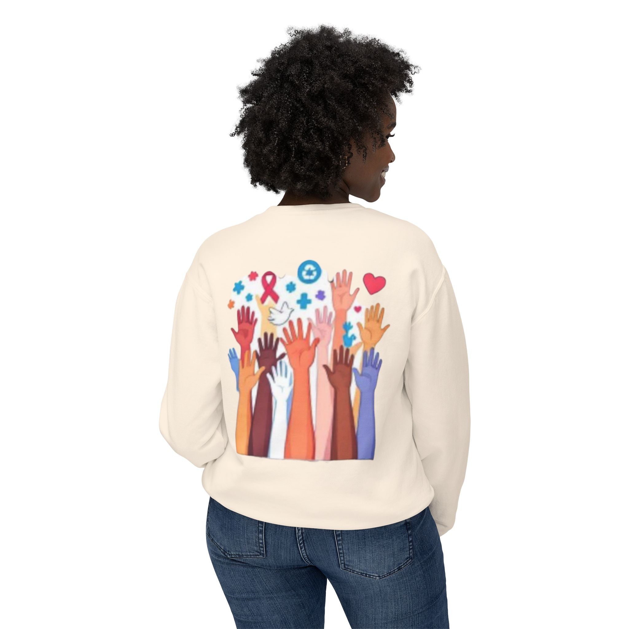 Hope and Change Crewneck Sweatshirt — Diverse Raised Hands Illustration, Unity & Support Graphic Pullover