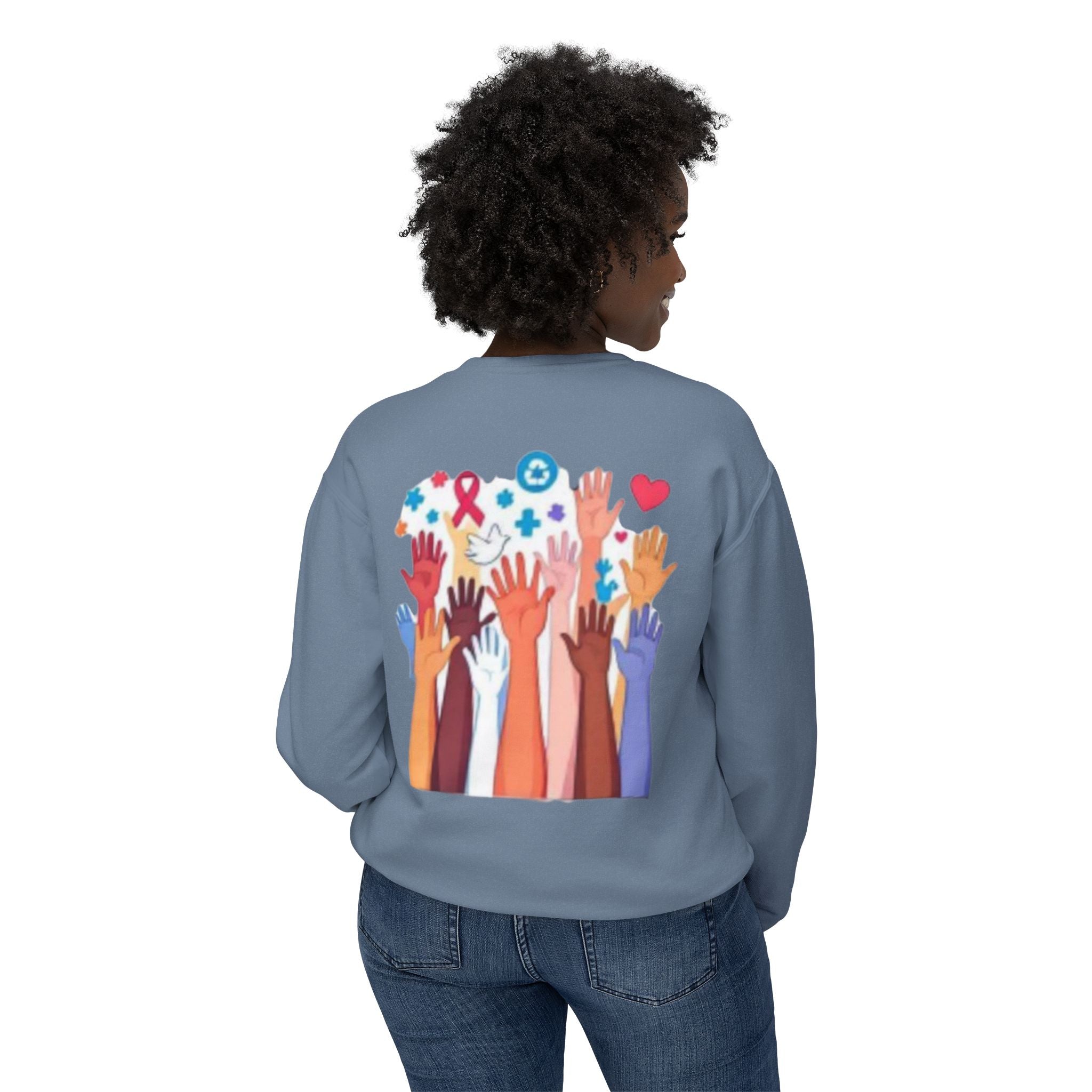 Hope and Change Crewneck Sweatshirt — Diverse Raised Hands Illustration, Unity & Support Graphic Pullover