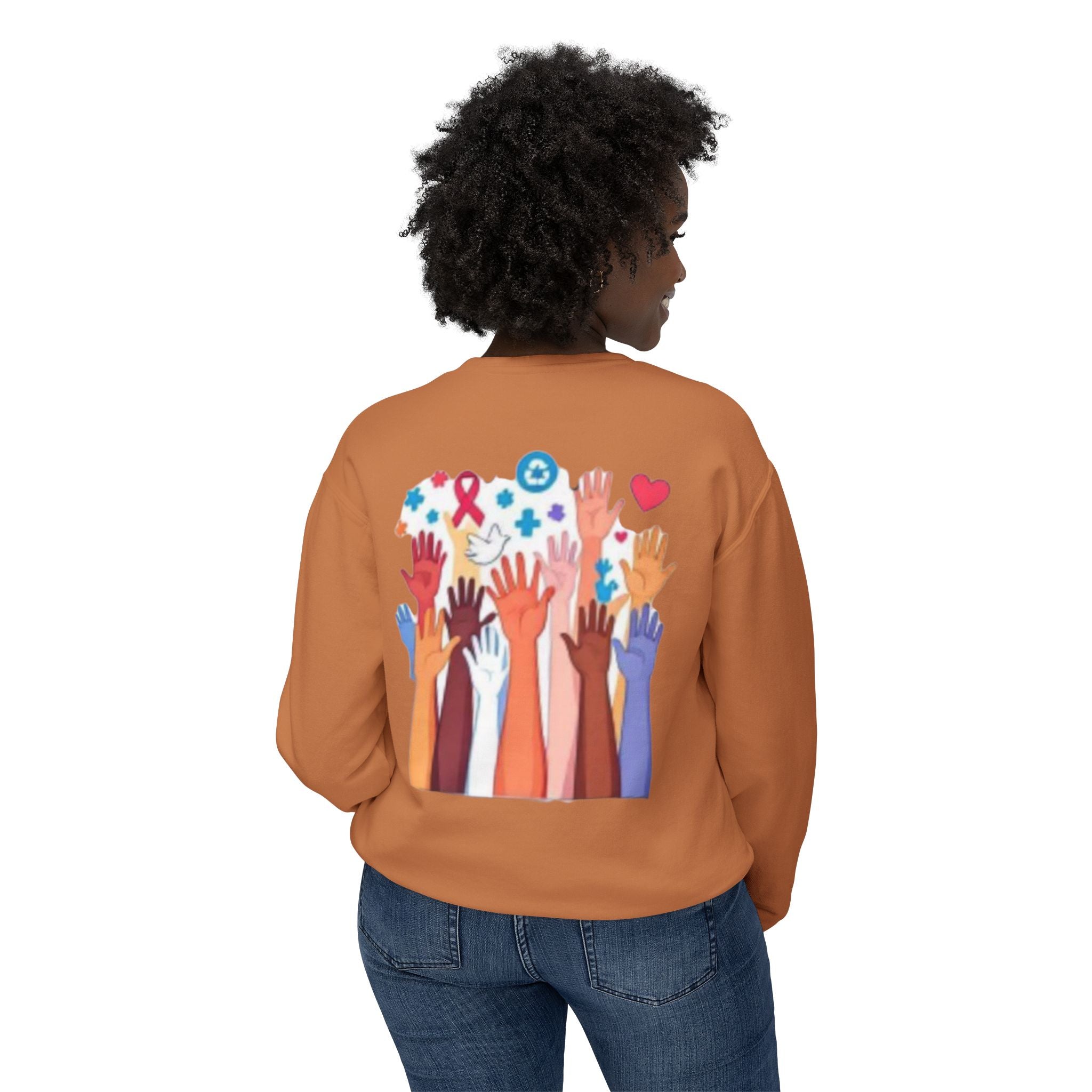 Hope and Change Crewneck Sweatshirt — Diverse Raised Hands Illustration, Unity & Support Graphic Pullover