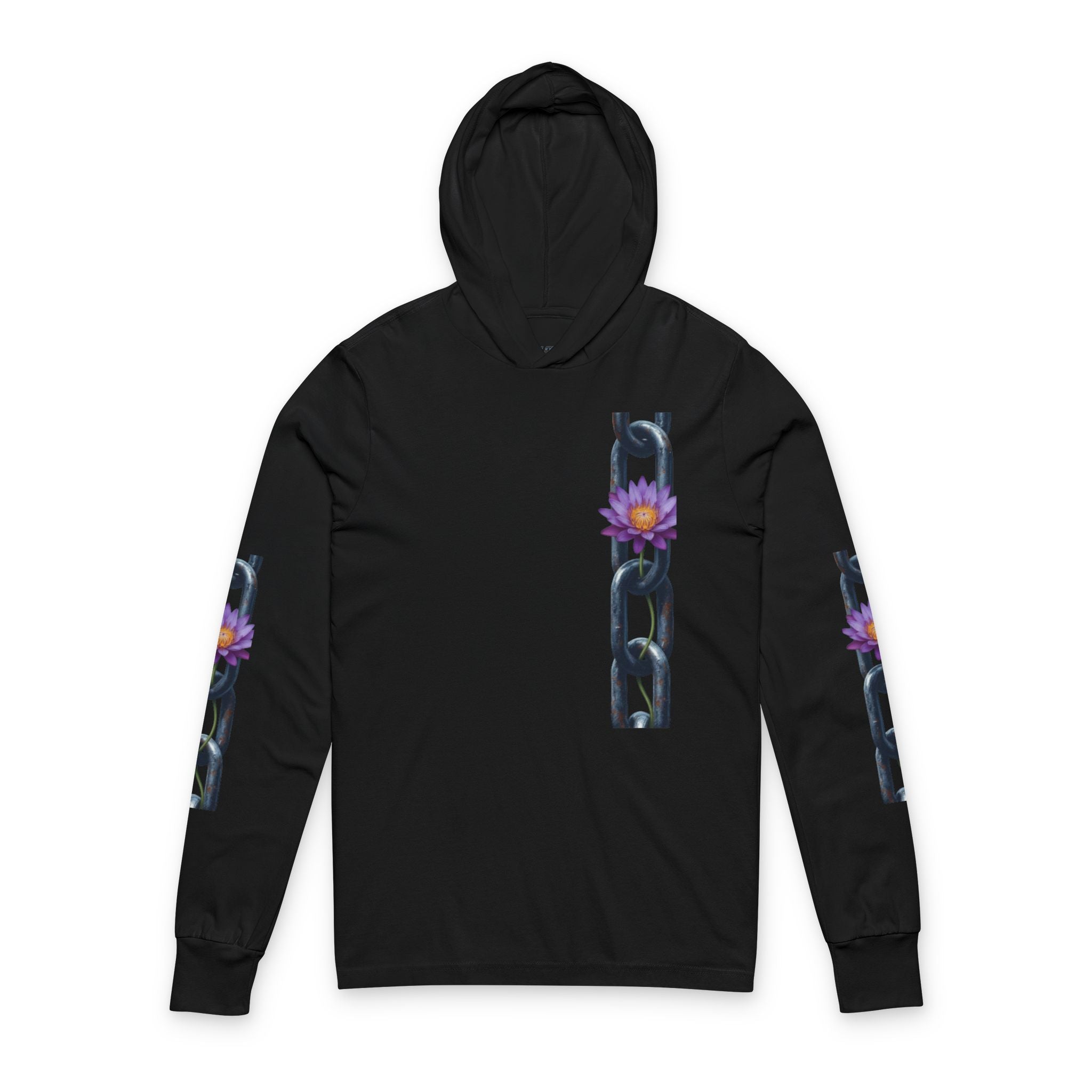 Chain & Lotus Hooded Long Sleeve Tee — Minimal Floral Chain Graphic