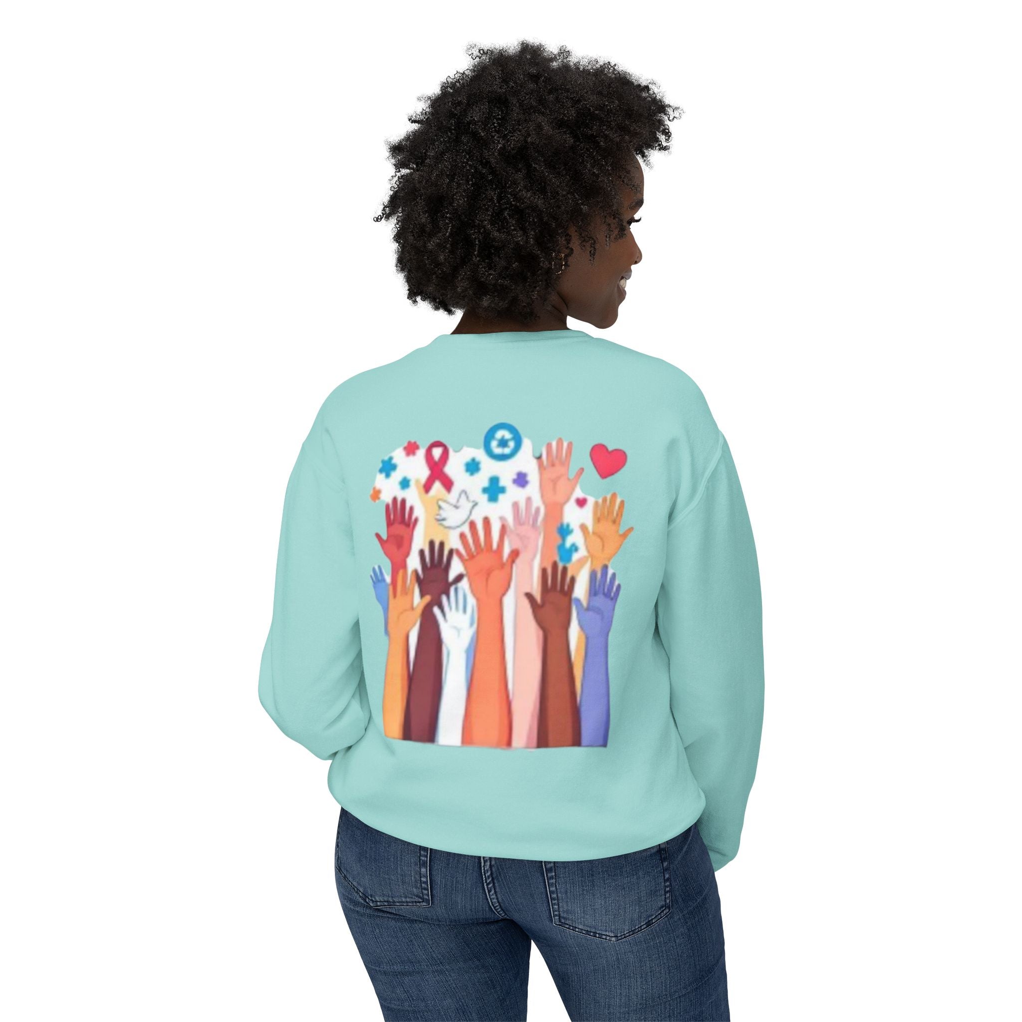 Hope and Change Crewneck Sweatshirt — Diverse Raised Hands Illustration, Unity & Support Graphic Pullover