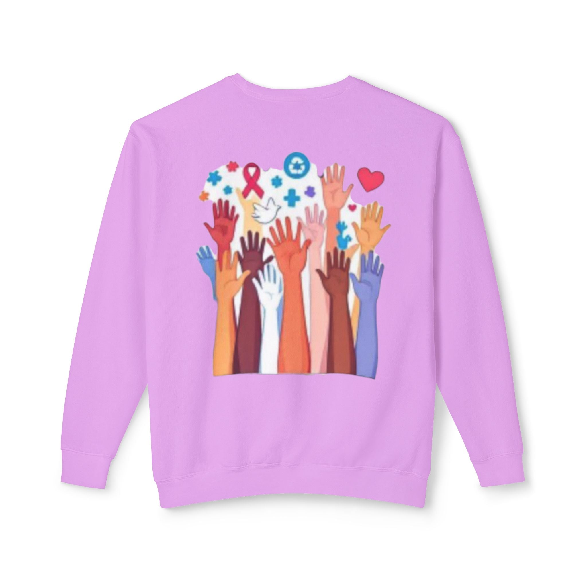 Hope and Change Crewneck Sweatshirt — Diverse Raised Hands Illustration, Unity & Support Graphic Pullover