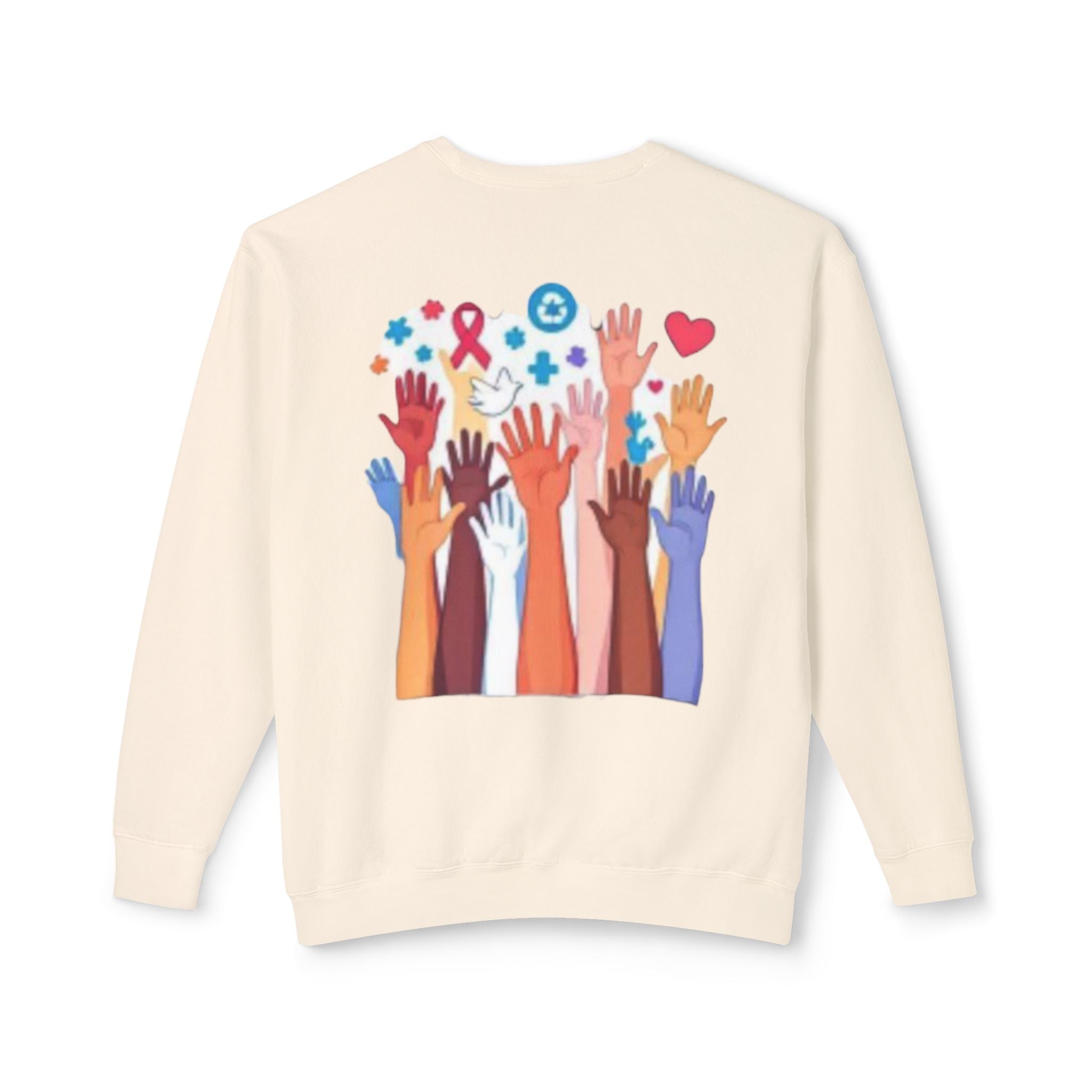 Hope and Change Crewneck Sweatshirt — Diverse Raised Hands Illustration, Unity & Support Graphic Pullover
