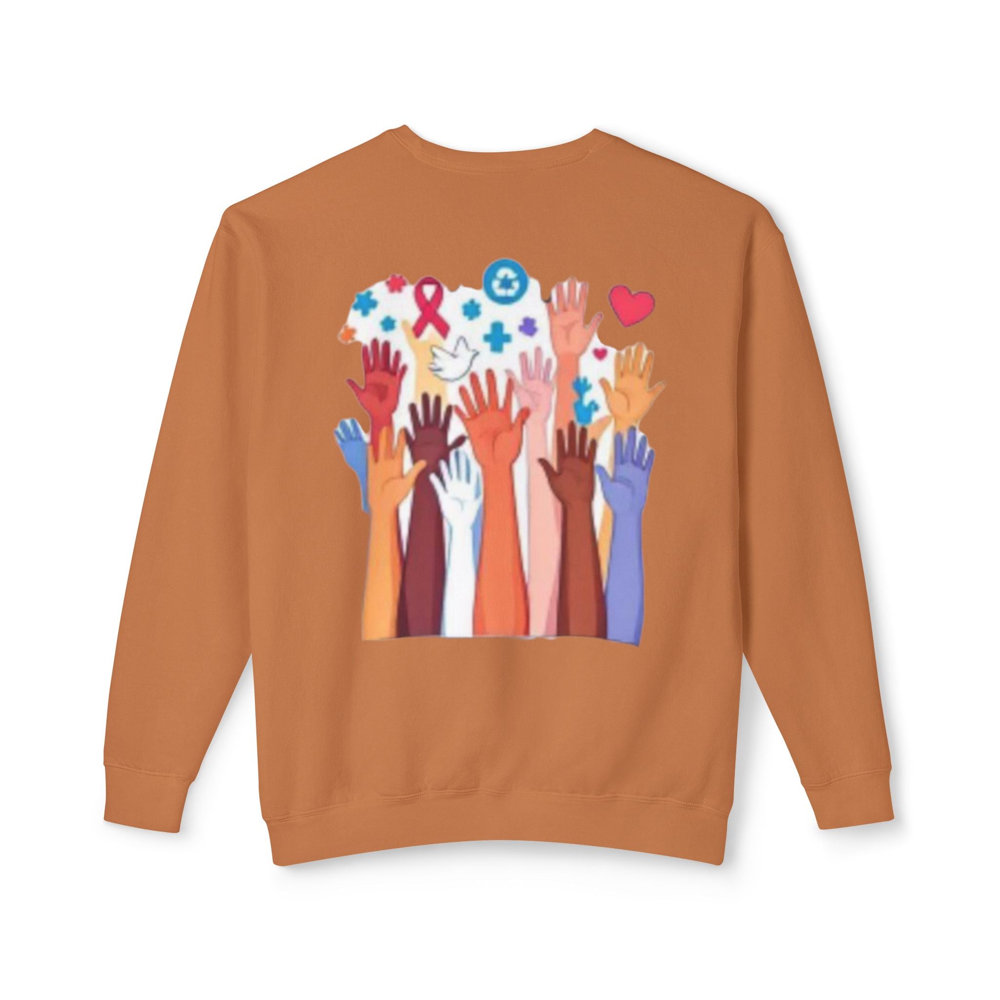 Hope and Change Crewneck Sweatshirt — Diverse Raised Hands Illustration, Unity & Support Graphic Pullover