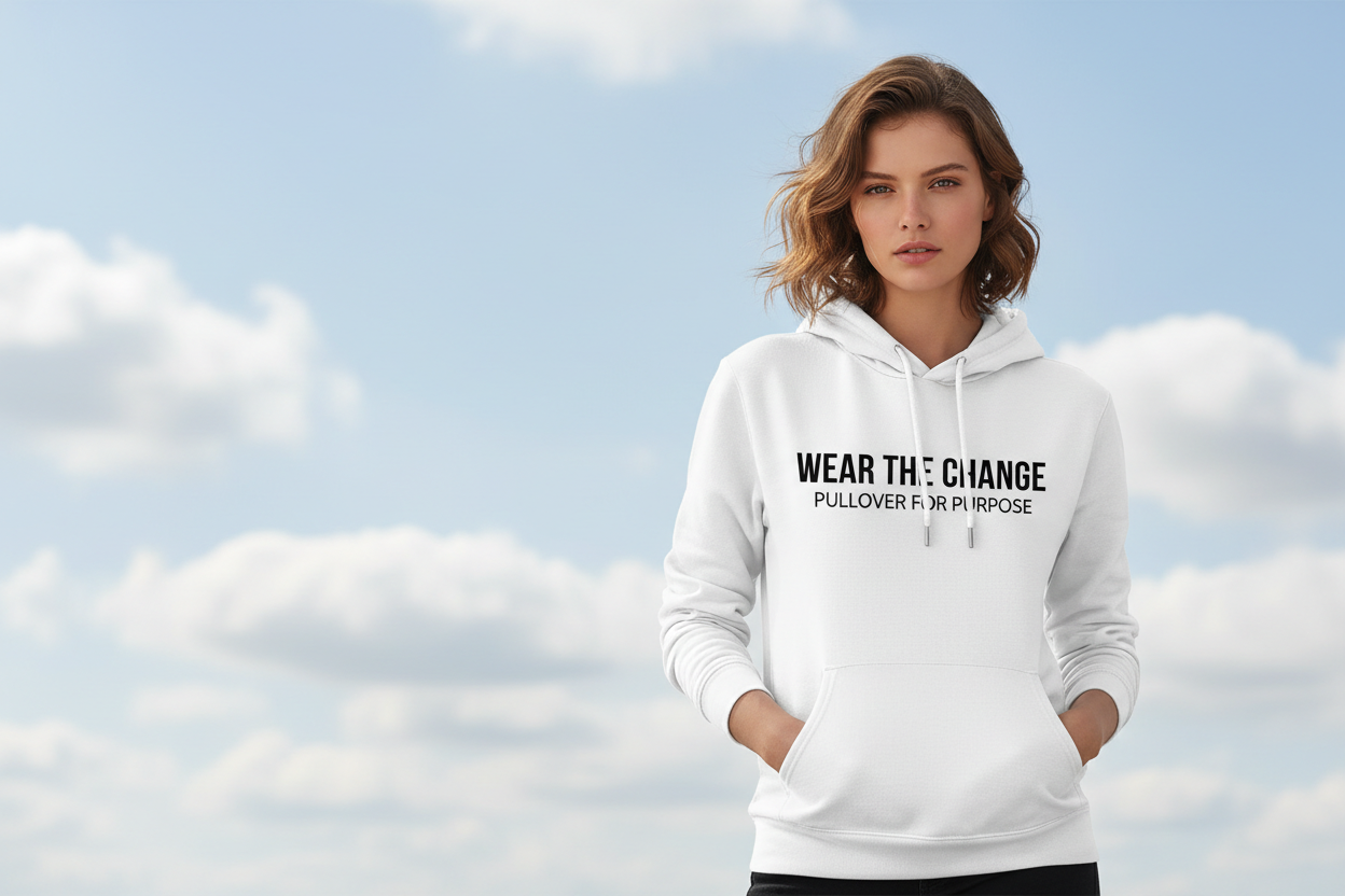 model positioned to the right with light blue cloud background wearing a white hoodie that says : "Wear the Change" Pullover for Purpose"